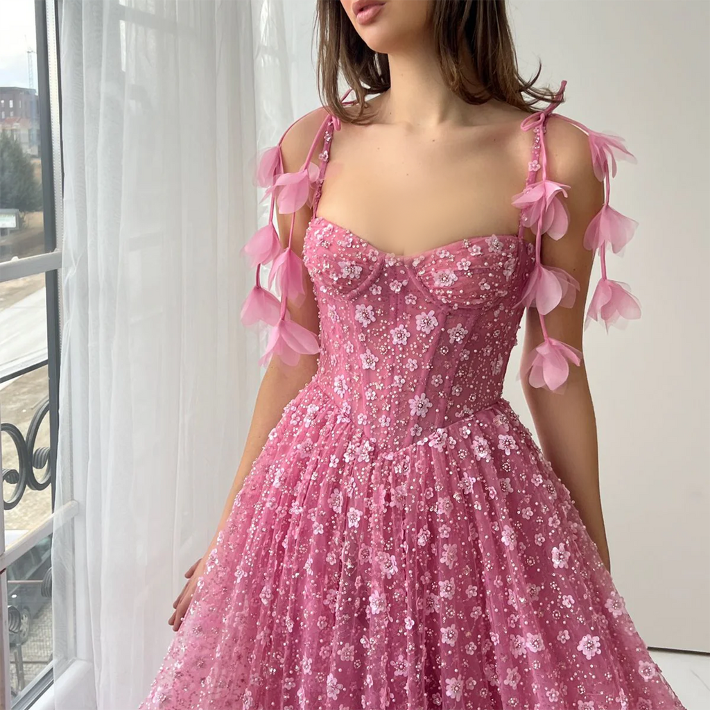 Elegant Pink 3D Floral Spaghetti Strap Evening Dress SS701