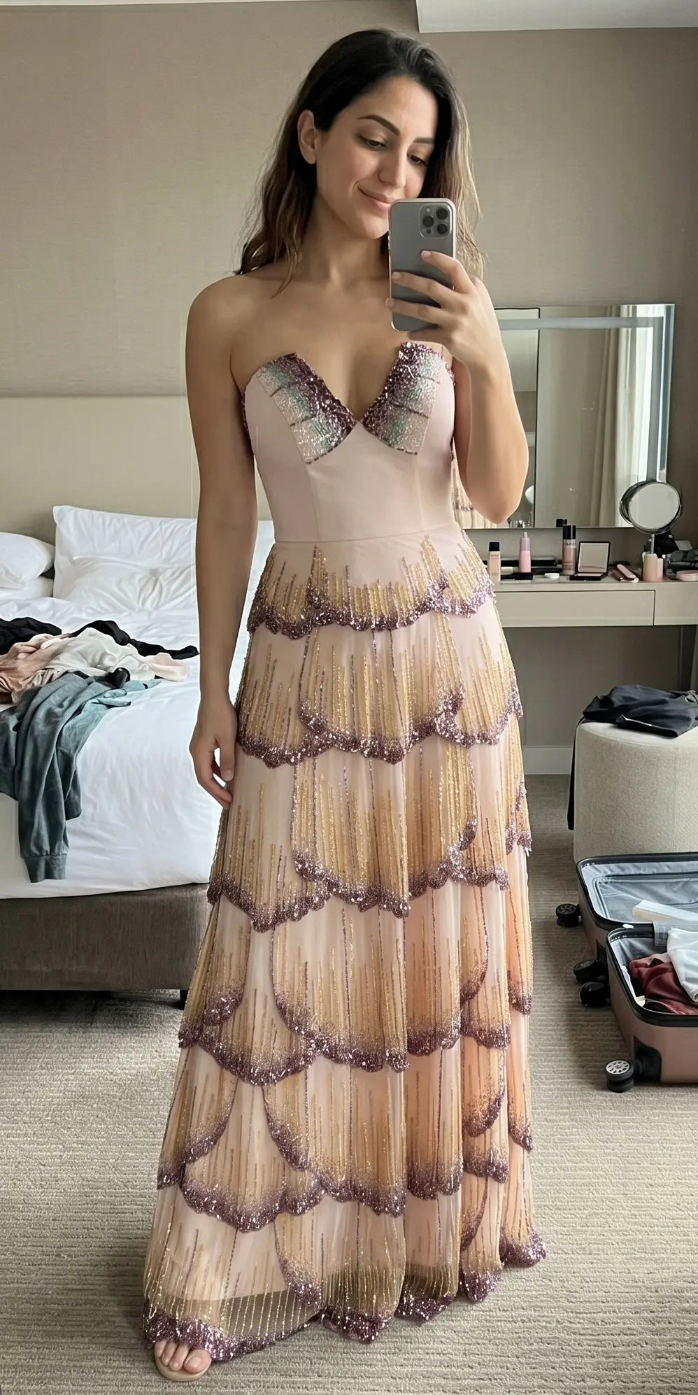 Luxury Mixed Purple Beaded Sequin Tiered Strapless A-Line Evening Dress SS657