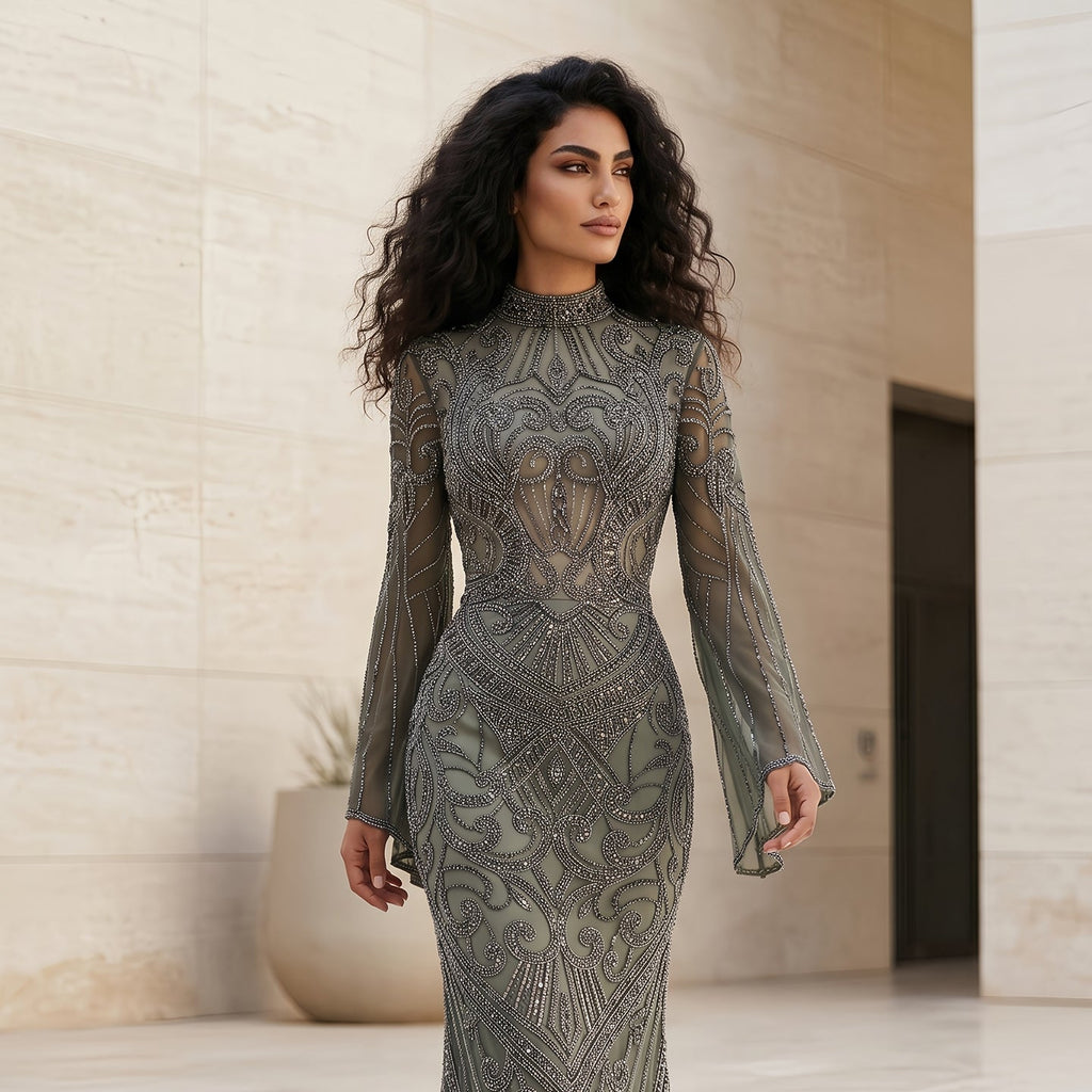 Luxury Black High Neck Beaded Mermaid Evening Dress SS055