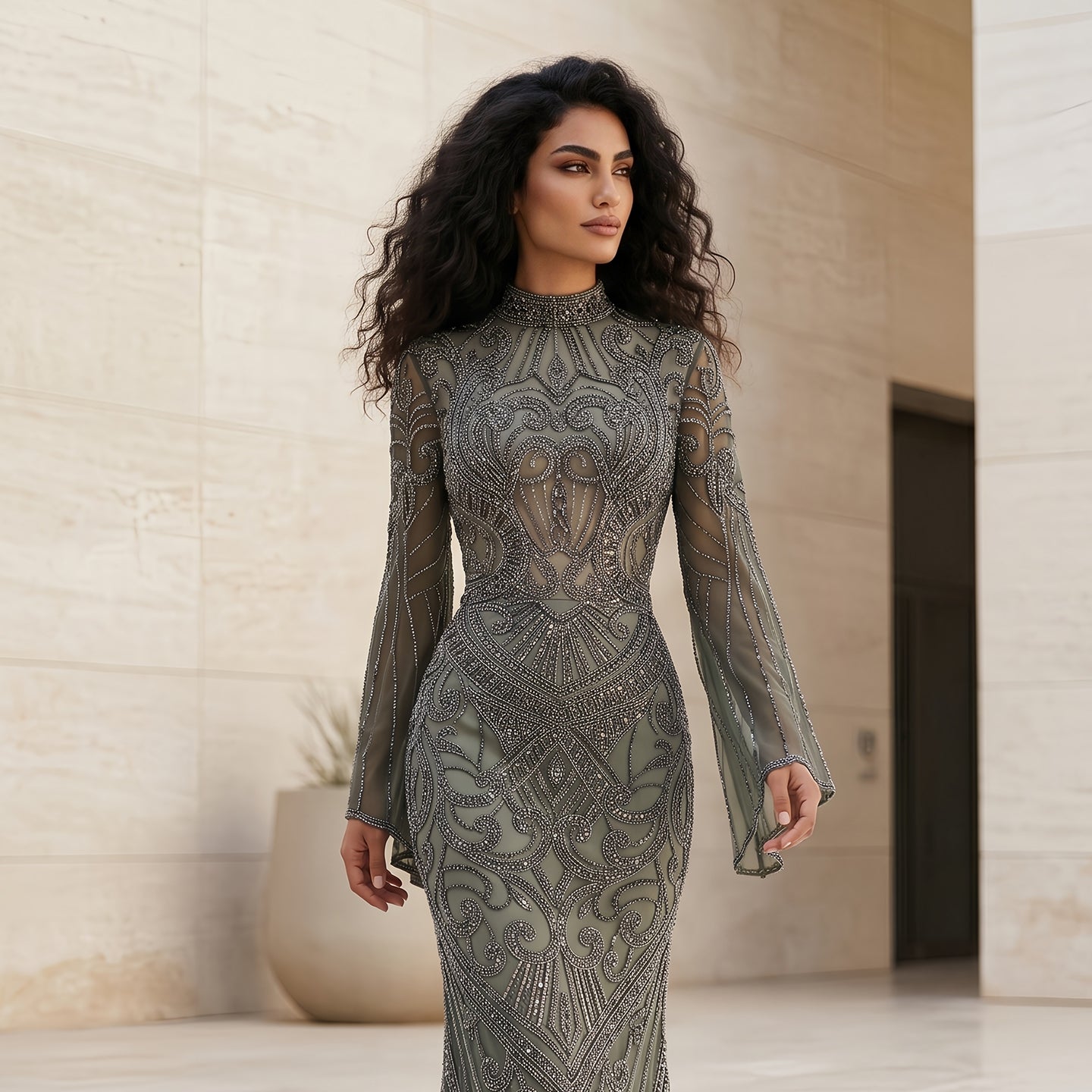 Luxury Black High Neck Beaded Mermaid Evening Dress SS055