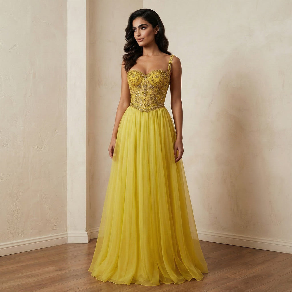 Glamorous Yellow Sweetheart Neck Crystal Sequin A-Line Evening Dress SS387