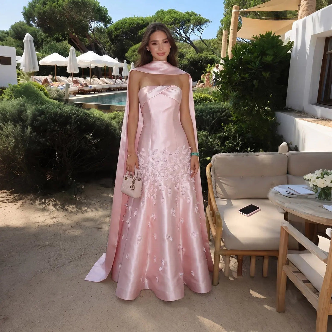 Luxury 3D Leaves Pink Satin Evening Dress with Cape SS463