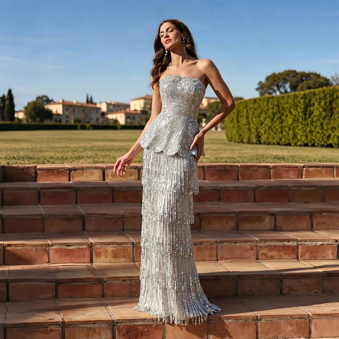 Gray Strapless Mermaid Luxury Beaded Sequins Tassels Skirt Evening Dress SS370