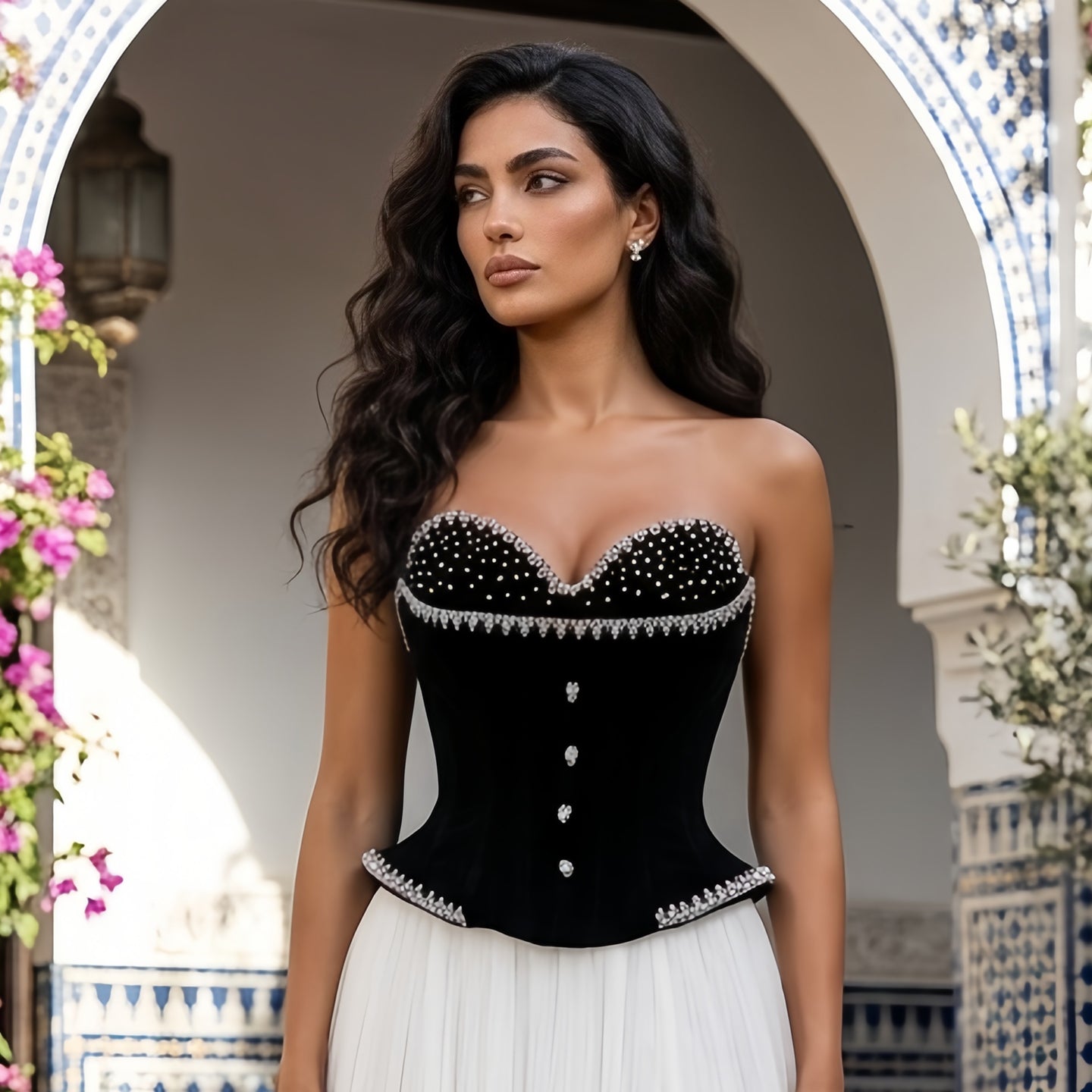 Glamorous Black White Strapless Beaded Corset High Slit Evening Dress SF508