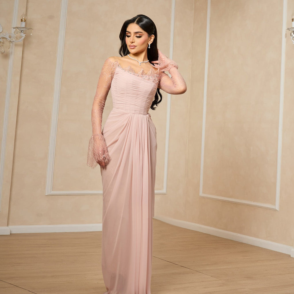 Elegant Crystal Pink Lace Long Sleeve Evening Dress with ruffles SF397