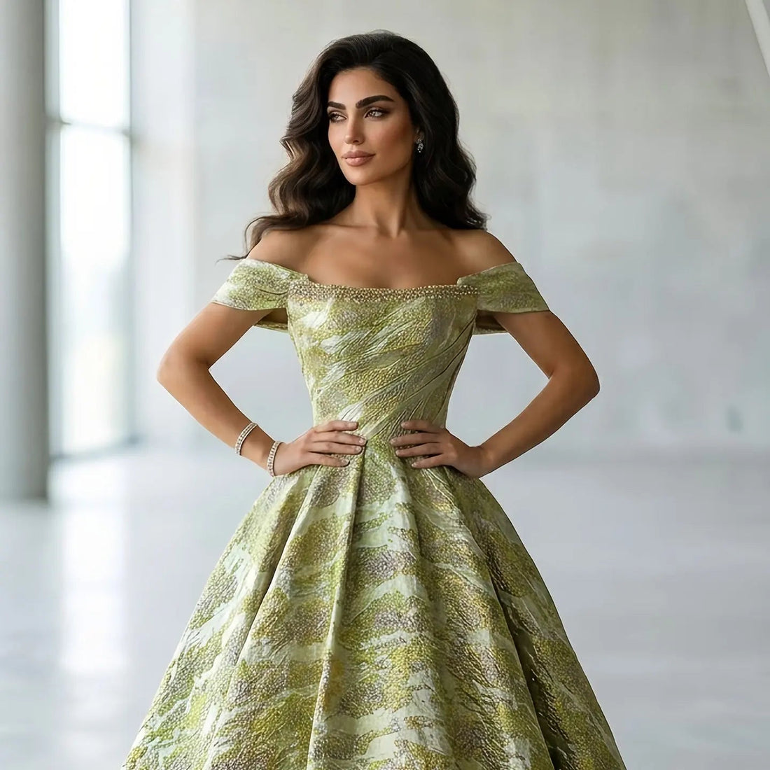 Luxury Gold Jacquard Off-the-Shoulder Ball Gown Satin Evening Dress SS742