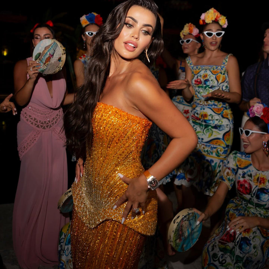Elegant Orange Peplum Strapless Sequin Evening Dress with Scarf SS560