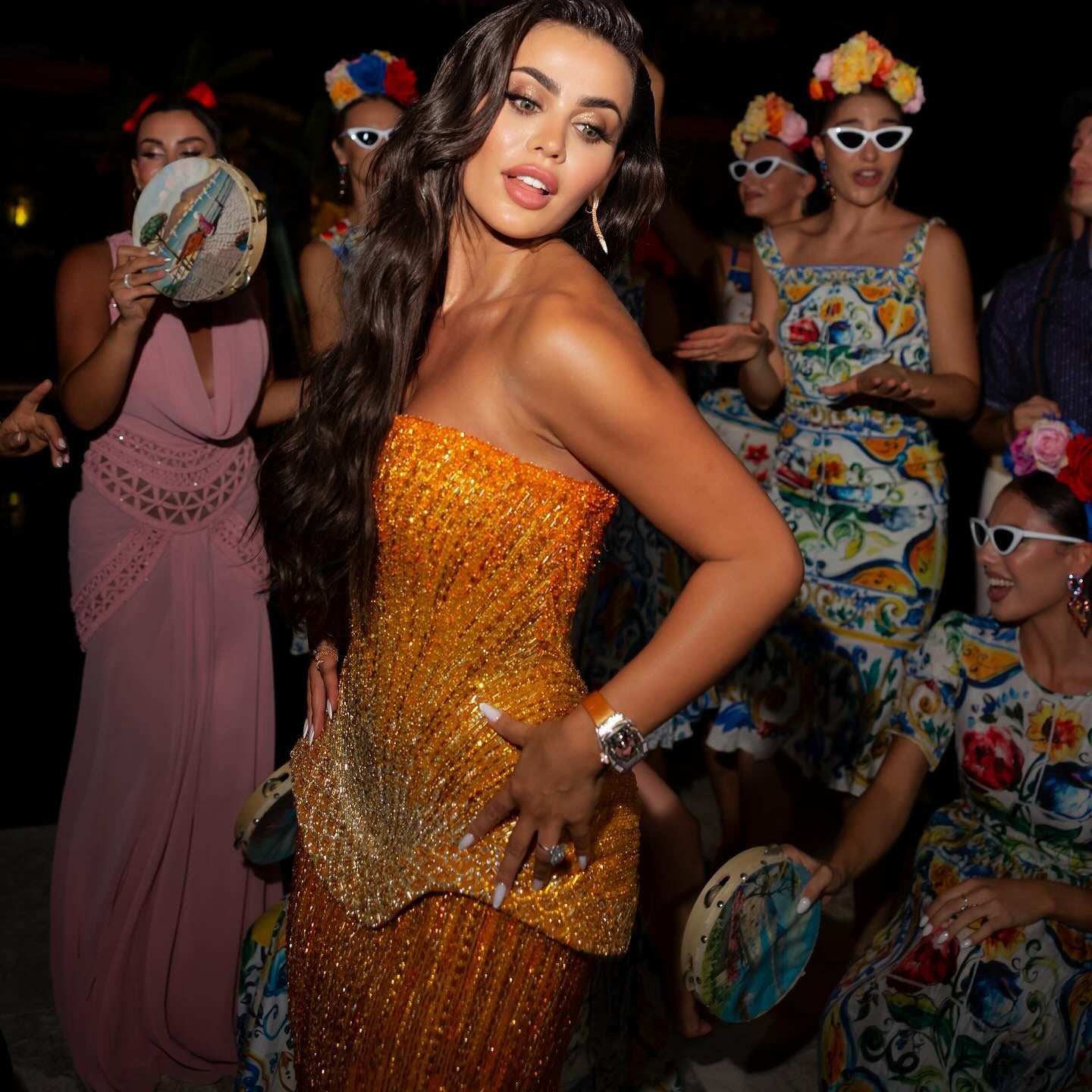 Elegant Orange Peplum Strapless Sequin Evening Dress with Scarf SS560