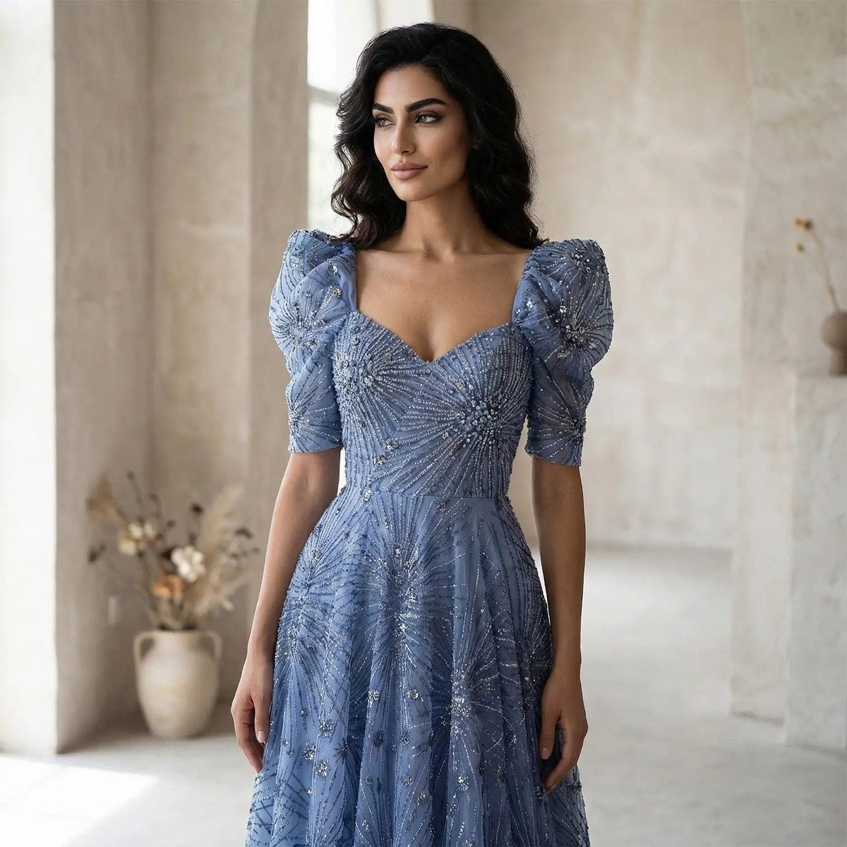 Glamorous Blue Puff Sleeve Sweetheart Neck Beaded Evening Dress SS080