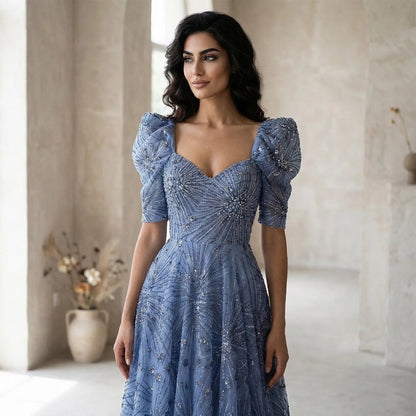 Glamorous Blue Puff Sleeve Sweetheart Neck Beaded Evening Dress SS080