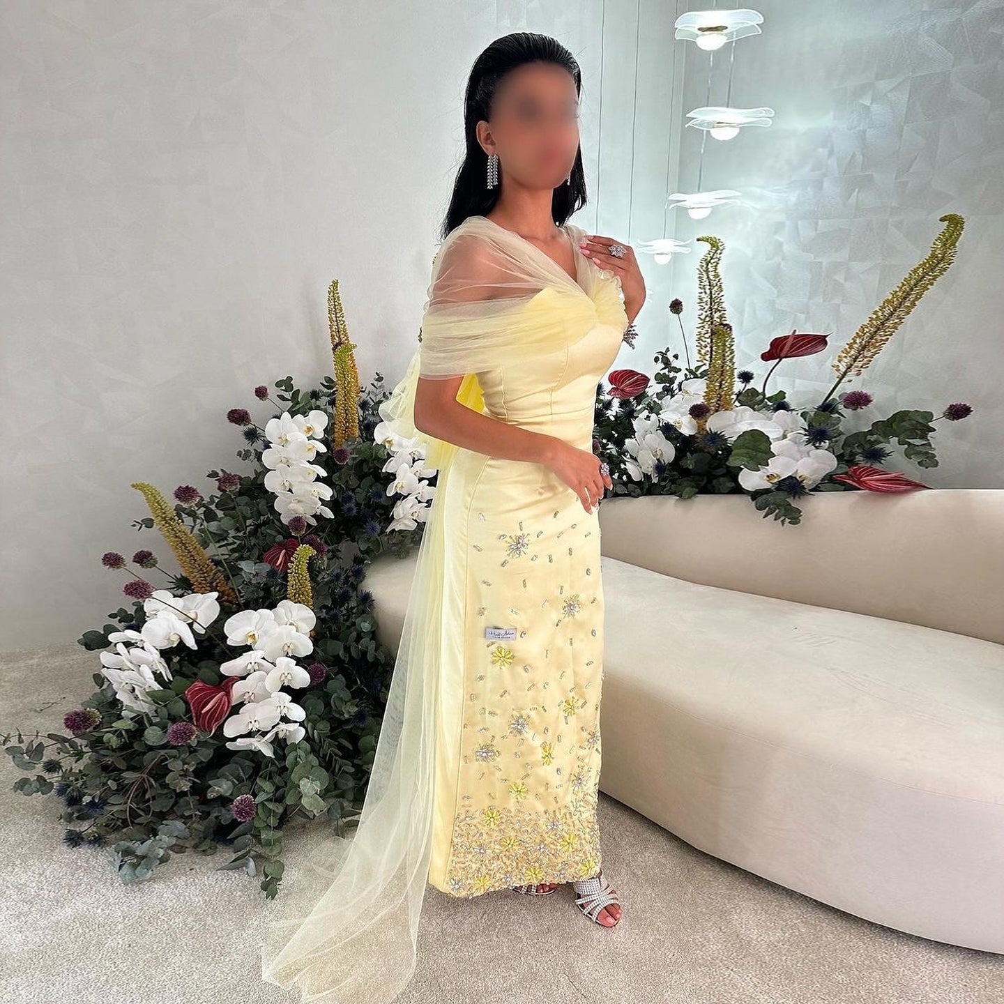 Luxury Yellow Beaded Crystal Evening Dress with Sheer Shawl XD018