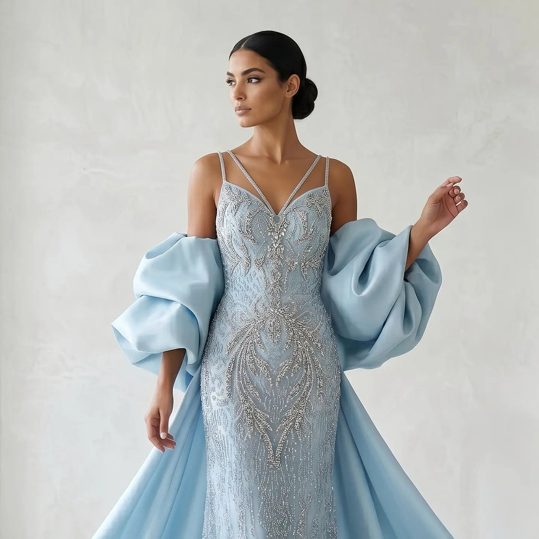 Luxury Blue Beaded Big Cape Mermaid Fitted Evening Dress with Overskirt SS730