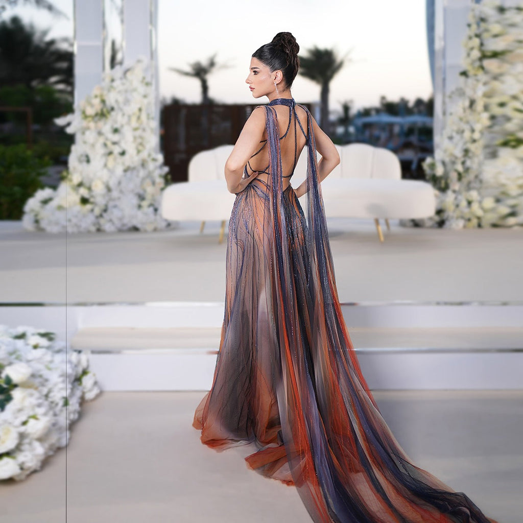 Luxury Gradient Beaded Evening Dress with Cape SS297