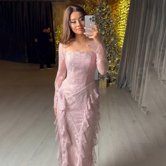 Elegant Pink Lace Trim Long Sleeve Evening Dress SF497