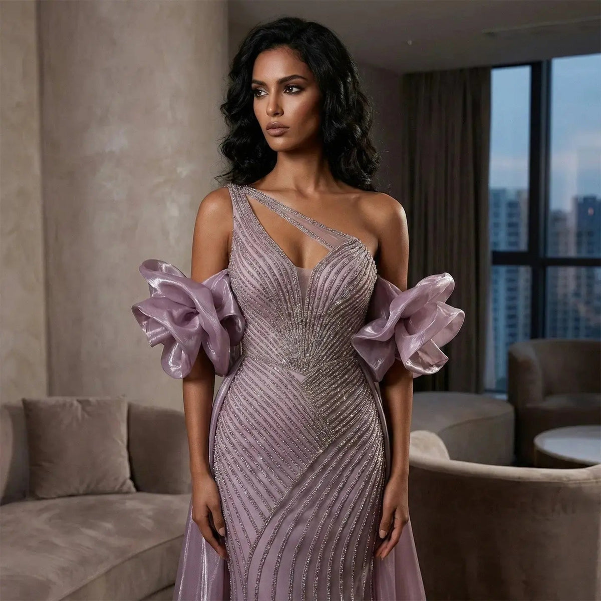 Luxury Dusty Pink Beaded One-Shoulder Fitted Evening Dress with Cape SS016