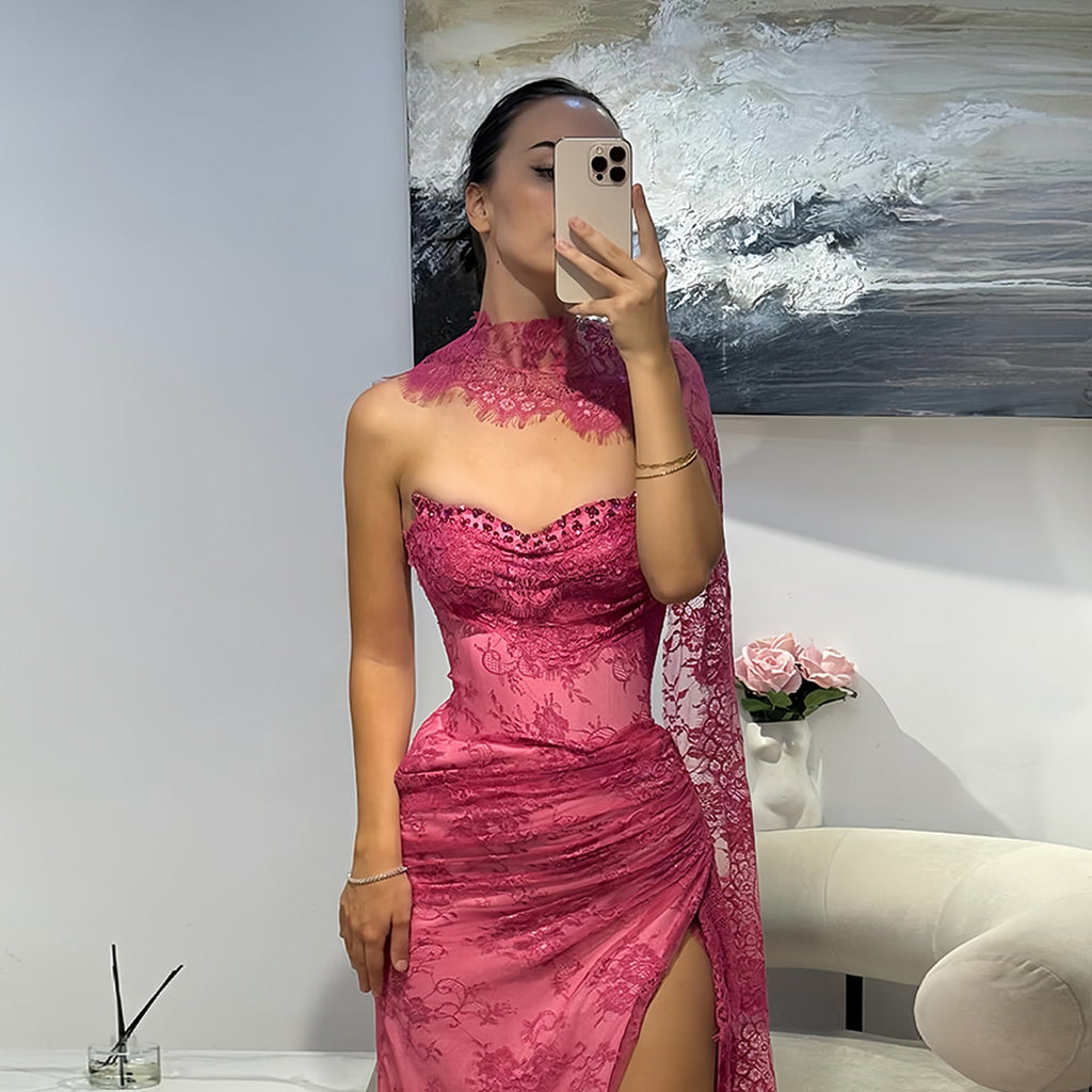 Glamorous Fuchsia Lace High Slit Mermaid Evening Dress with Scarf SF525