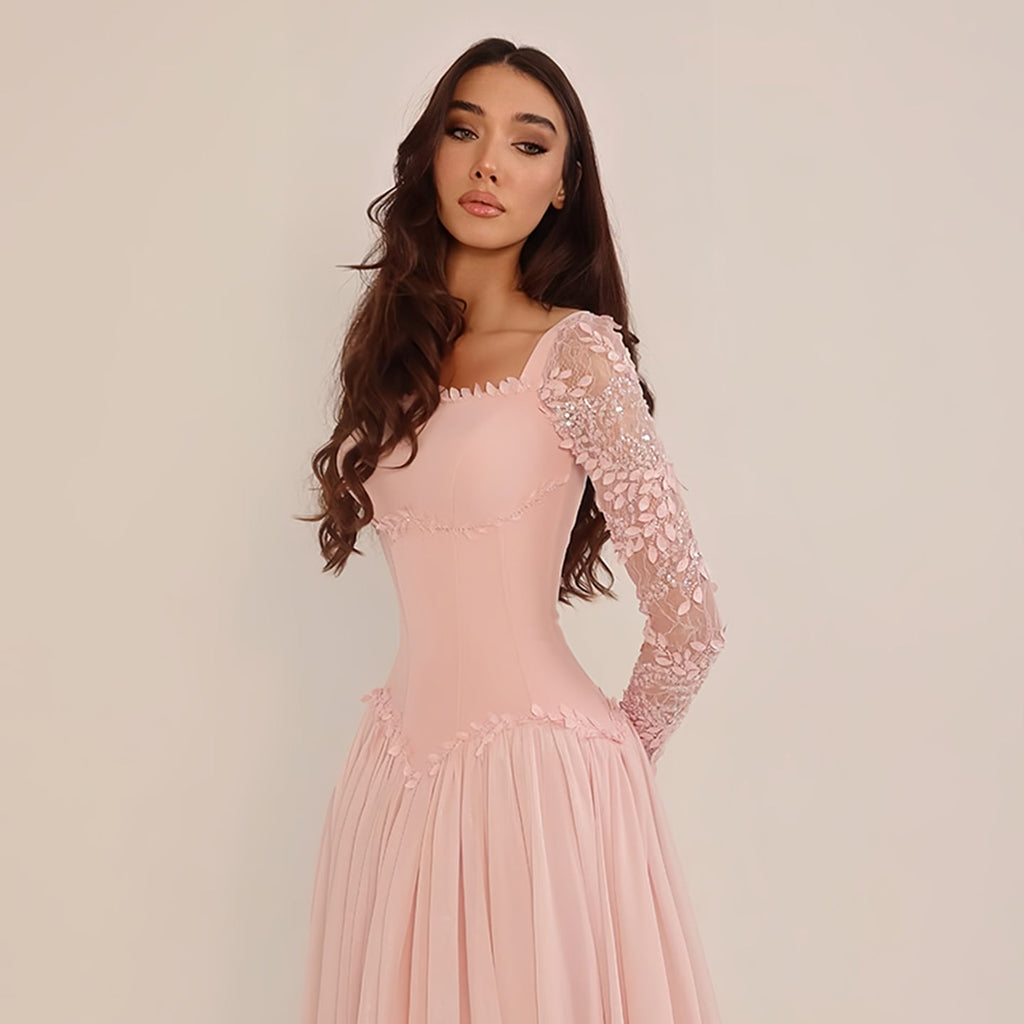 Romantic Pink Feather Lace Sleeve Chiffon Evening Dress SF239