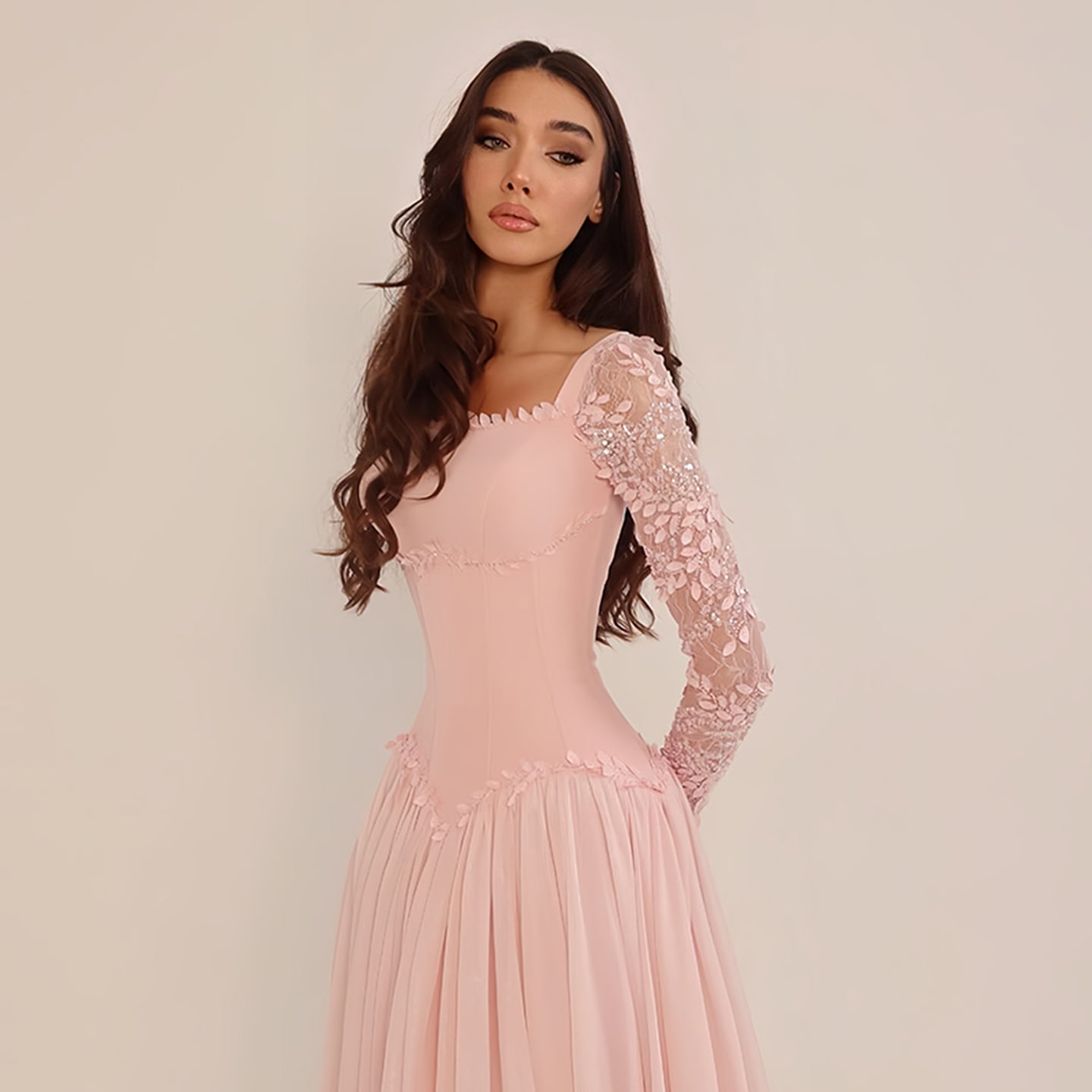 Romantic Pink Feather Lace Sleeve Chiffon Evening Dress SF239