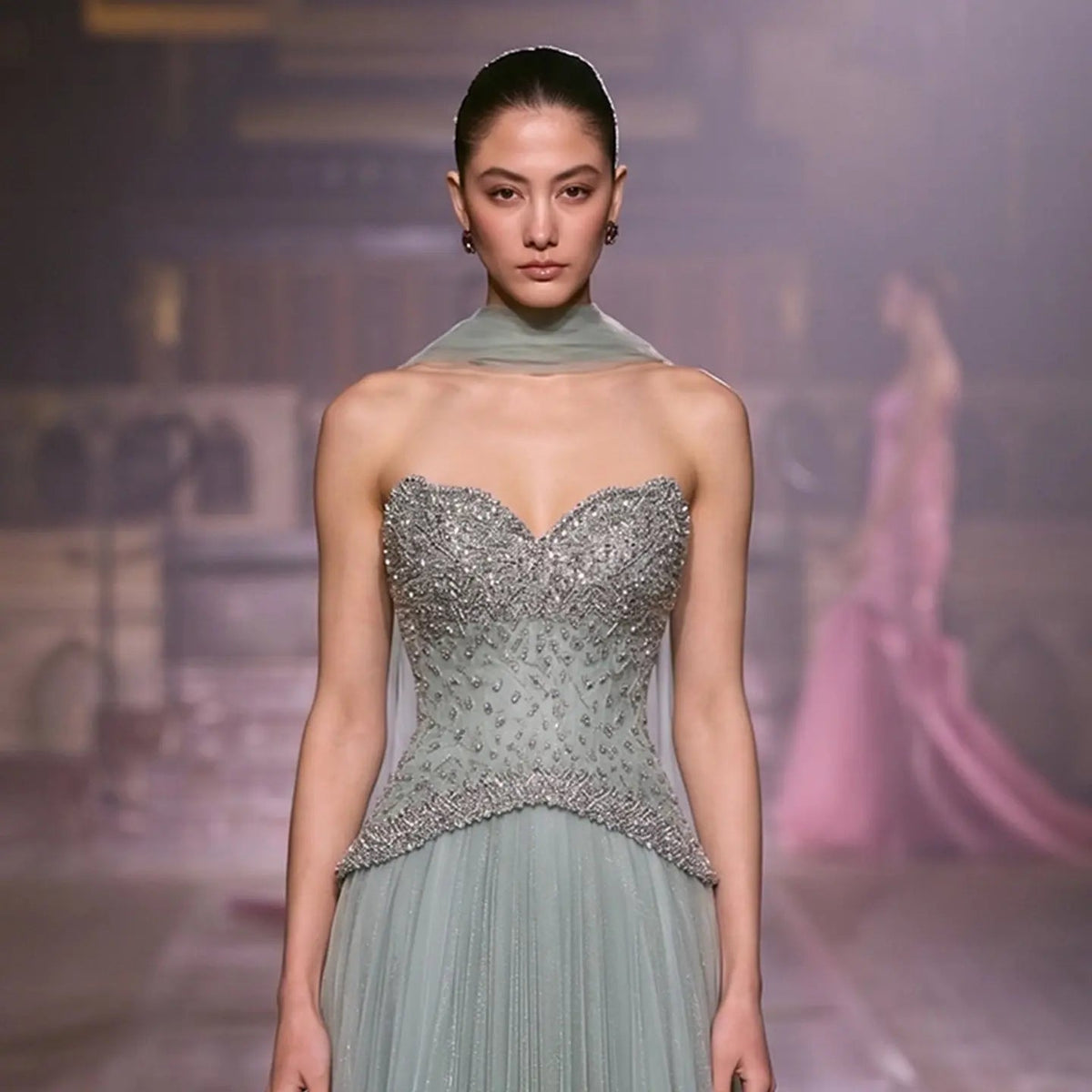 Luxury Sage Green Beaded A-Line Evening Dress with Scarf SS299