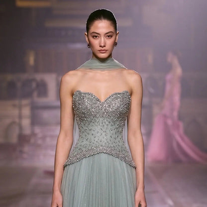 Luxury Sage Green Beaded A-Line Evening Dress with Scarf SS299