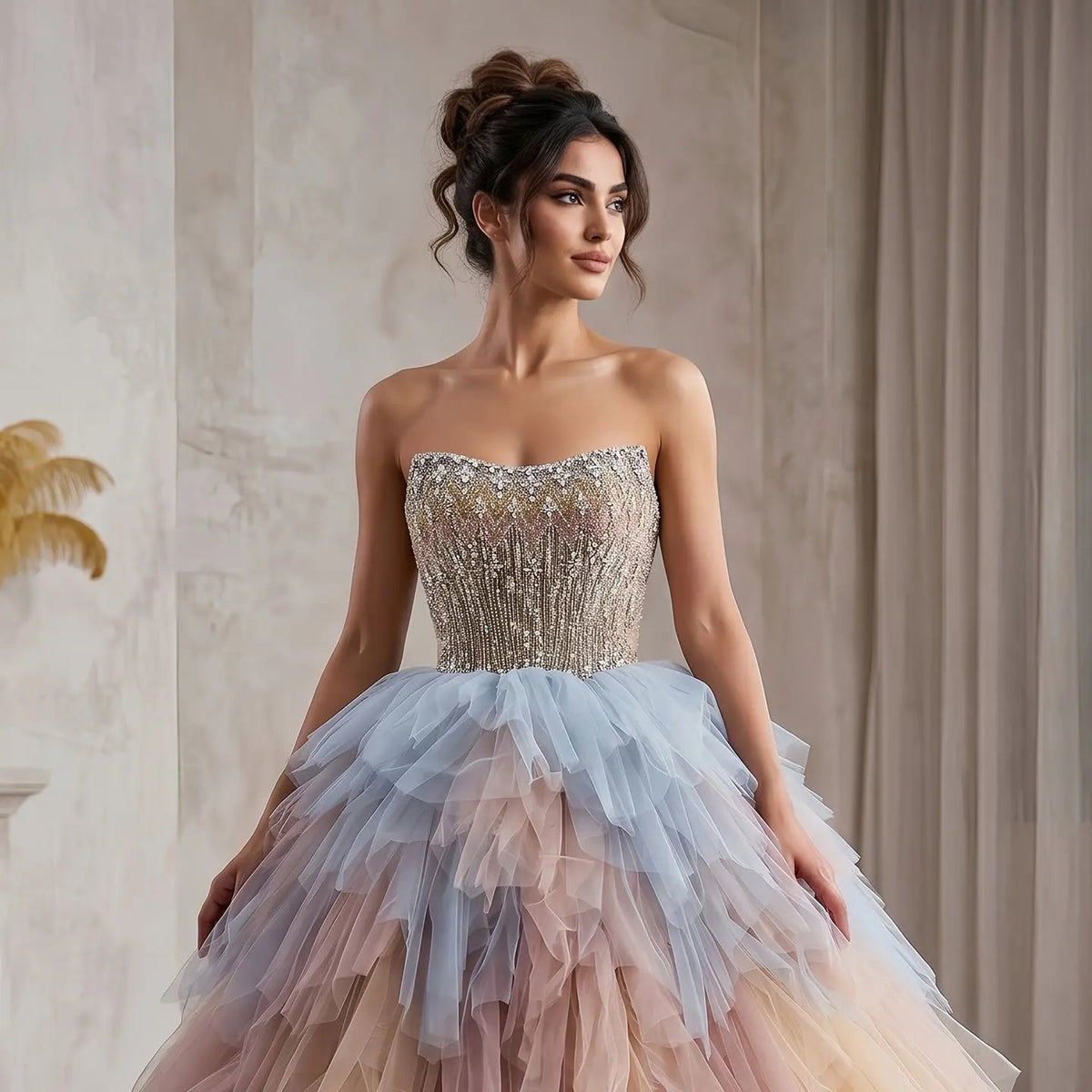 Luxury Rose Gold Ruffles Ball Gown Evening Dress SS731