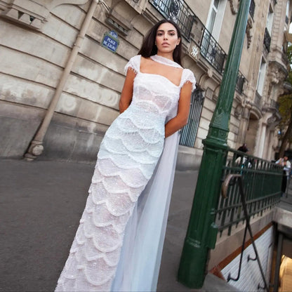 Gradient White Mermaid Square Sheer Evening  Dress Long Side Tulle Overlay SS523