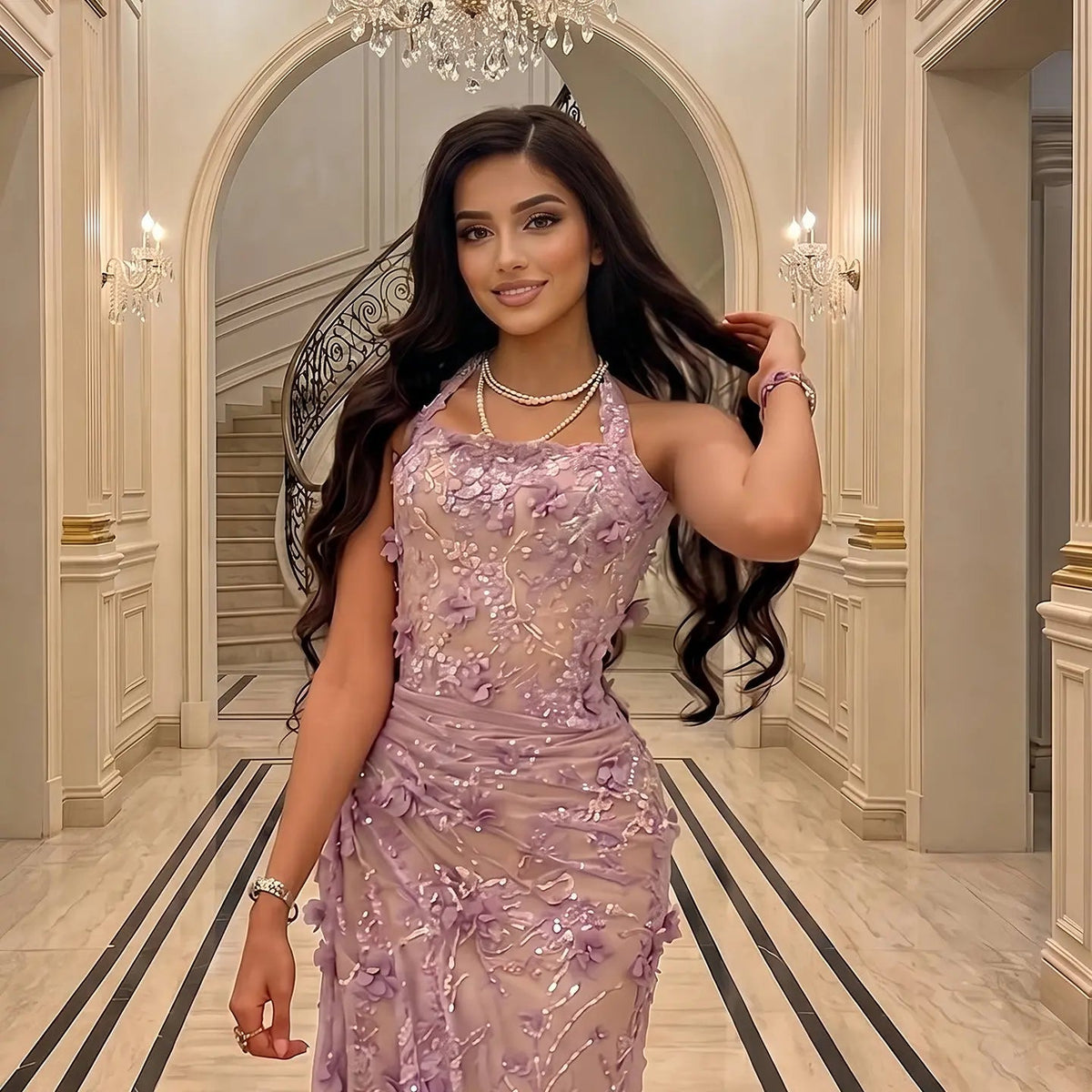Luxury Lavender Lace Halter Evening Dress with Sequins SF524