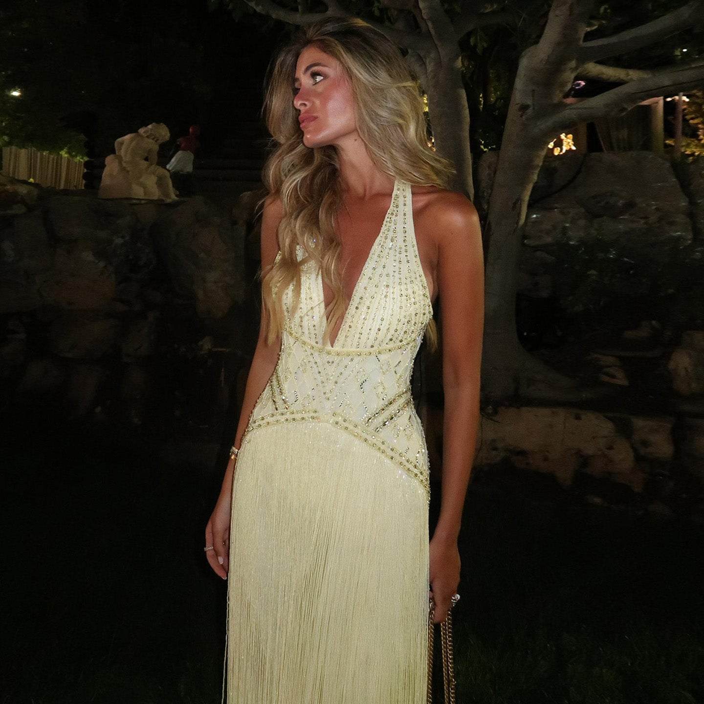 Gala Exquisite Yellow Beaded Halter Neck Deep V Evening Dress SS554