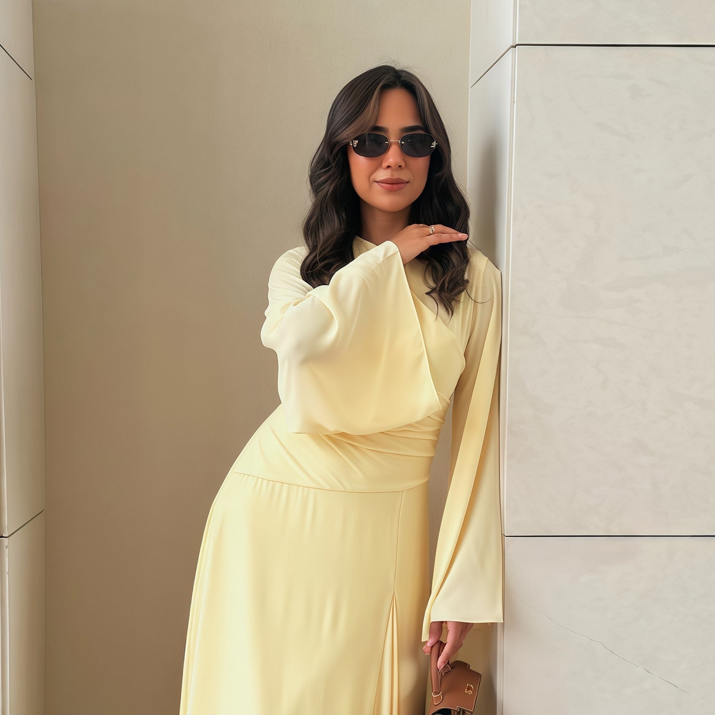 Elegant Yellow Ruched Bodycon Chiffon Long Sleeve Evening Dress SF128