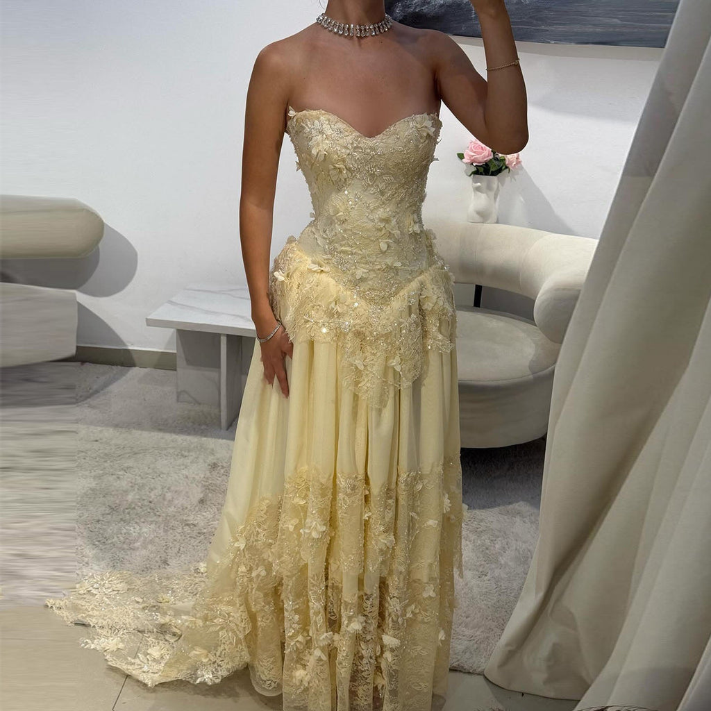 Elegant Light Yellow Floral 3D Strapless Evening Dress with Overskirt SS654