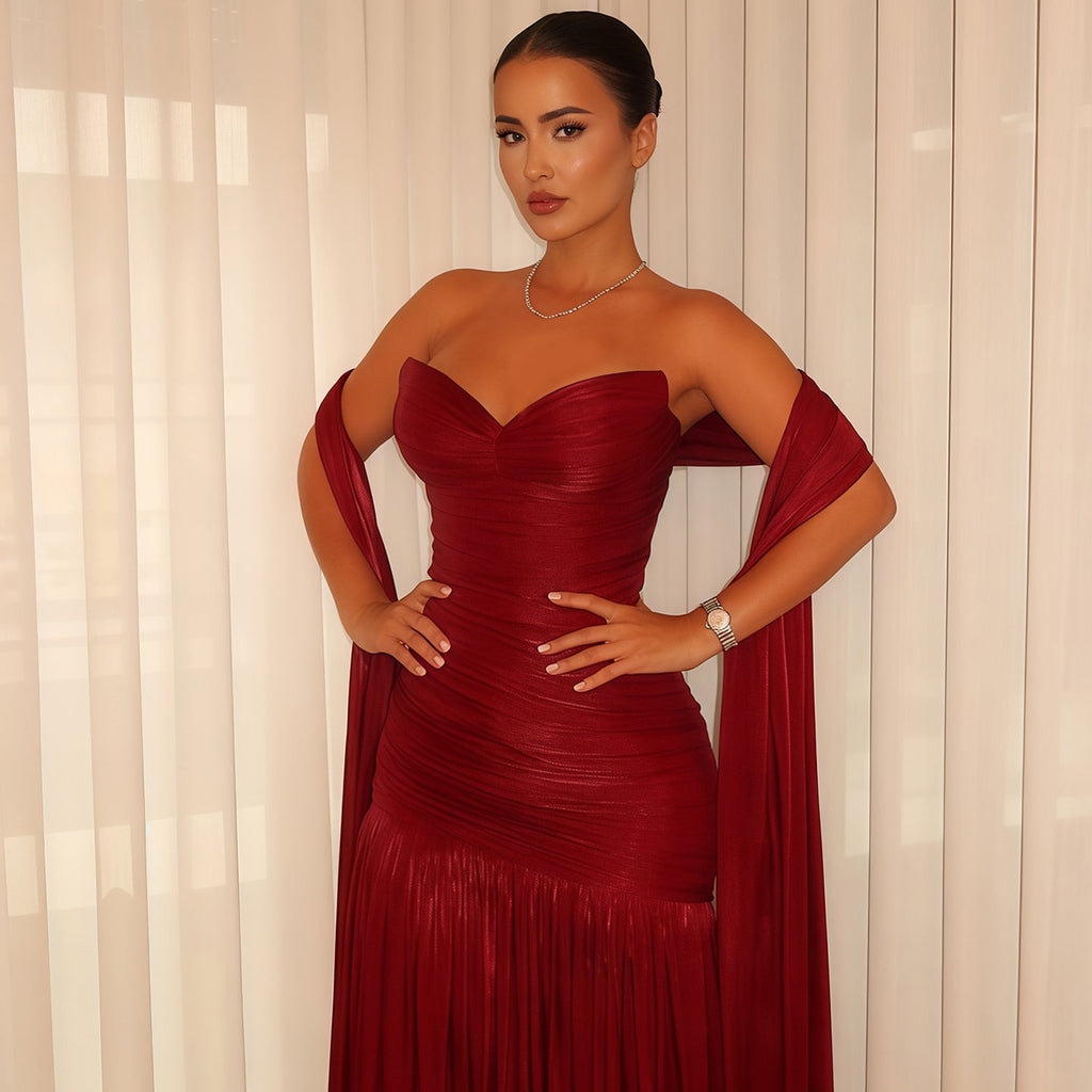 Luxury Wine Red Sweetheart Neck Ruched Evening Dress with Draped Cape SF263