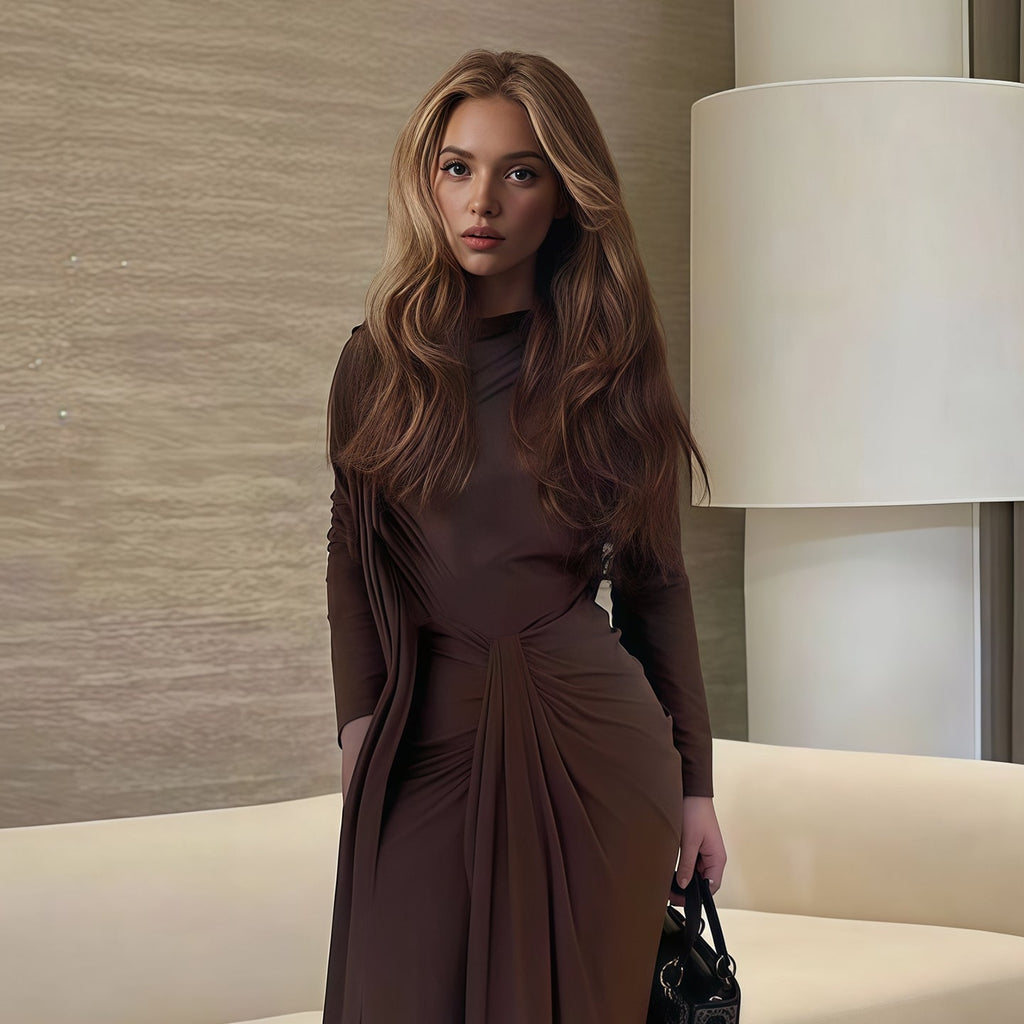 Elegant Brown High Neck Long Sleeve Ruched Bodycon Evening Dress SF078