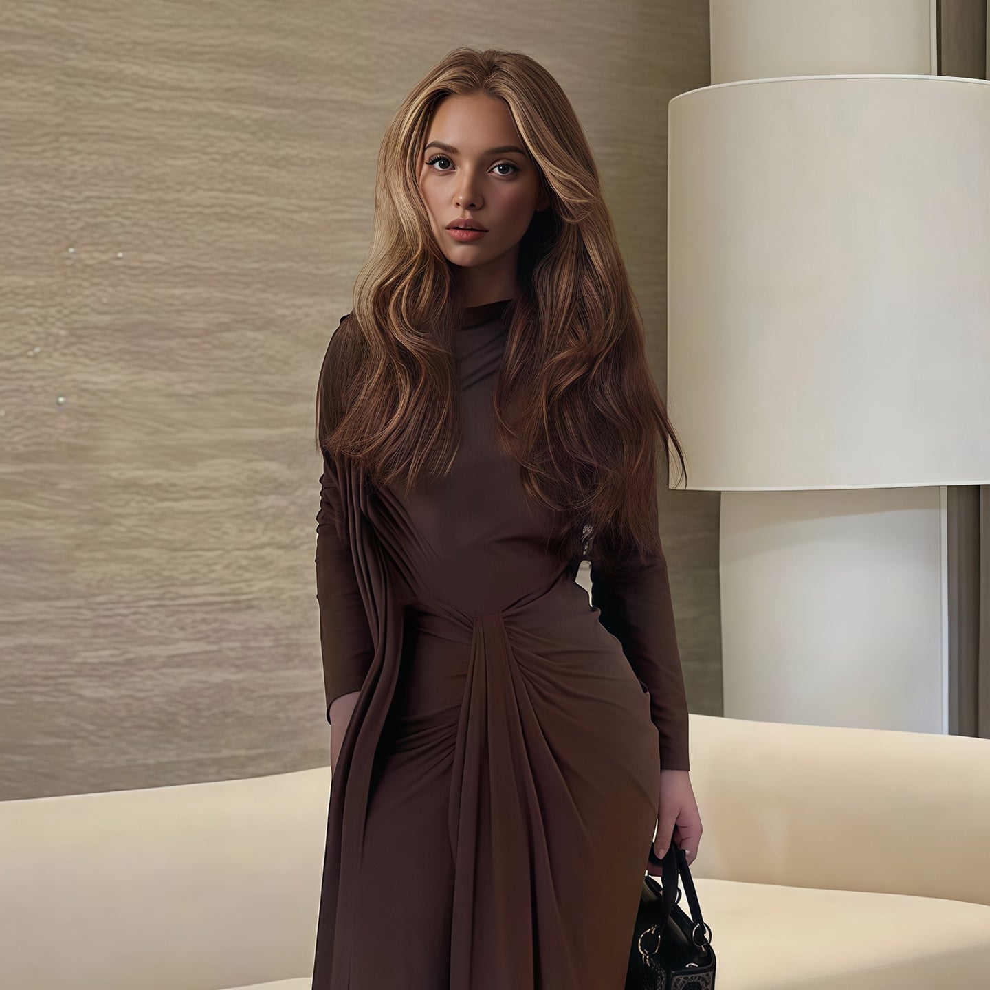 Elegant Brown High Neck Long Sleeve Ruched Bodycon Evening Dress SF078