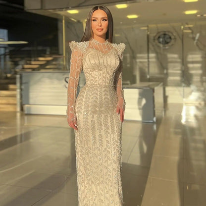 Luxury Cream Long Sleeves Evening Dress SS696