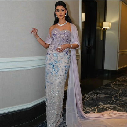 Luxury Crystal Beaded Lilac Evening Dress with Cape SS641
