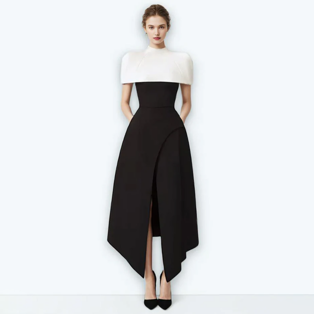 Elegant Black&White A-Line Satin Evening Dress with Cape SF415