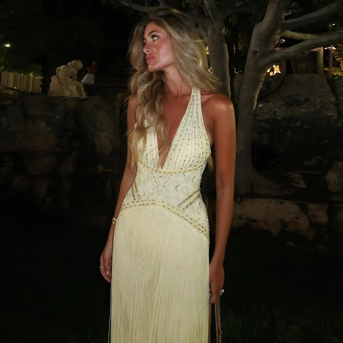 Exquisite Yellow Beaded Halter Neck Deep V Gala Evening Dress SS554