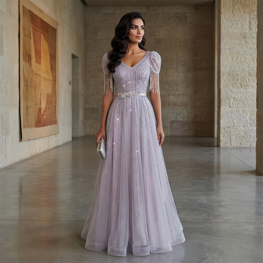 Elegant Lavender Crystal Beaded V-Neck Fringe Sleeve Evening Dress SS199