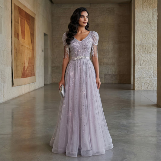 Elegant Lavender Crystal Beaded V-Neck Fringe Sleeve Evening Dress SS199