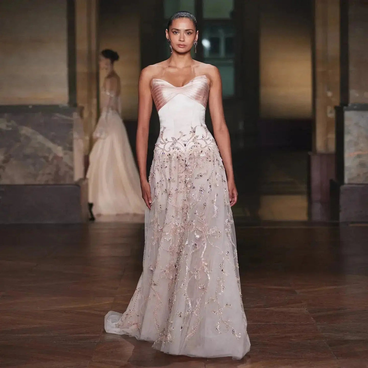 Luxury Pink Embroidered Beaded Strapless Fitted Evening Dress SS529