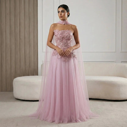 Luxury Pink 3D Floral Strapless Tulle Cape Evening Dress with Scarf SS239