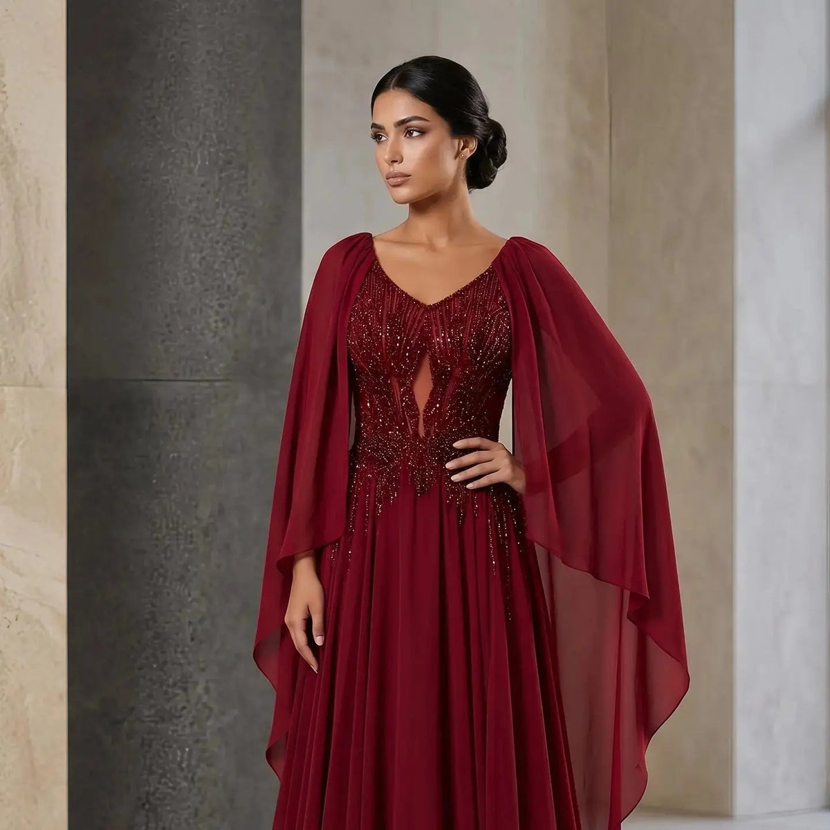 Luxury Purple V-Neck Beaded Chiffon Evening Dress with Cape Sleeves SS053
