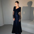 Luxury Navy Blue Velvet Lace Sleeve Evening Dress with Cap SF443