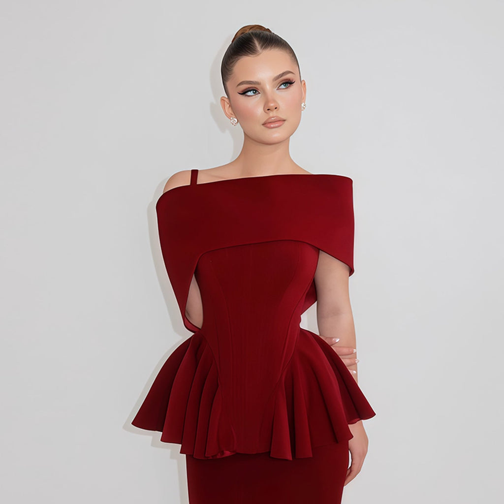 Elegant Wine Red Off-the-Shoulder Peplum Velvet Evening Dress SF233