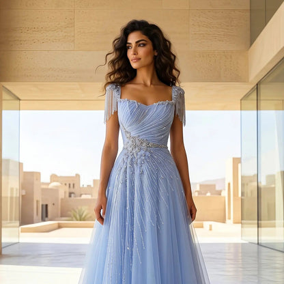Luxury Blue Tassel Beaded Tulle A-Line Evening Dress SS058