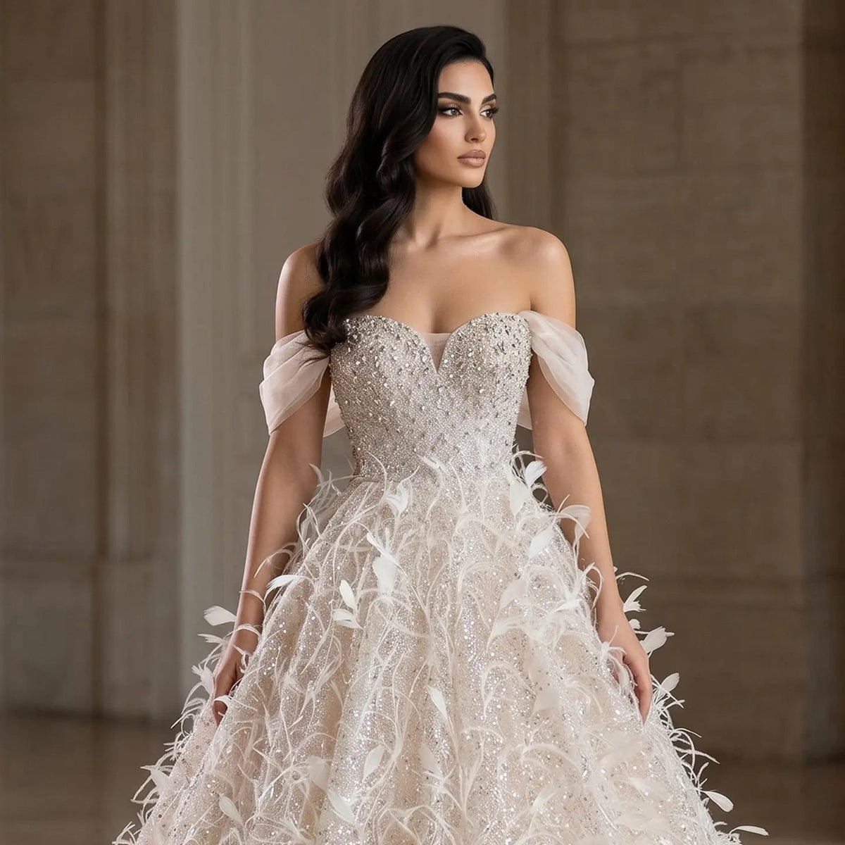 Luxury Peach Feather Strapless Ball Gown Evening Dress SS724