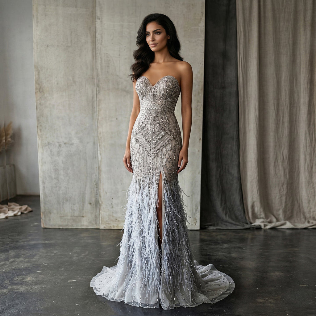 Luxury Silver Gray Strapless Beaded Feather Trim Evening Dress with High Slit SS791