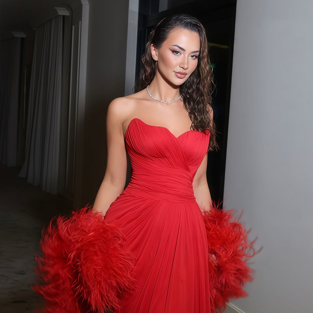 Glamorous Red Strapless Ruched Evening Dress with Feather Cuffs SF261