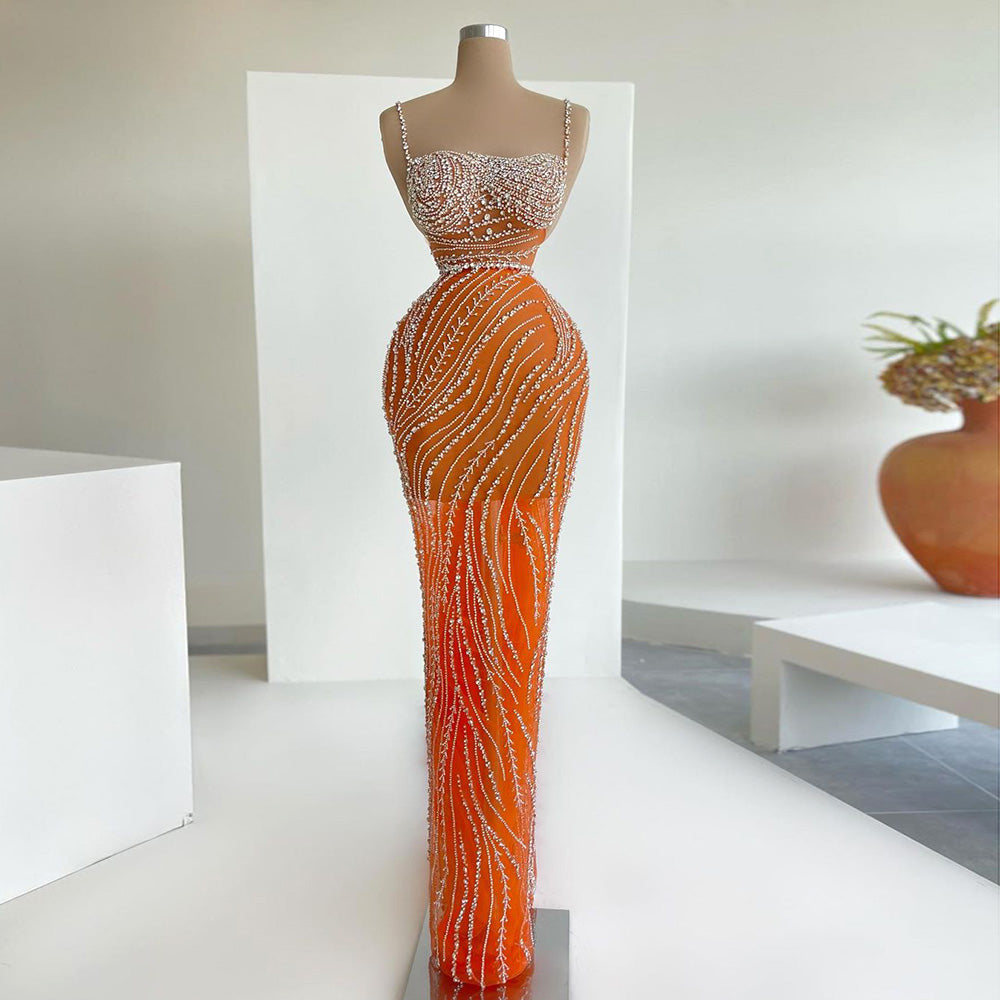 Luxury Beaded Orange Spaghetti Straps Mermaid Evening Dresses SS351