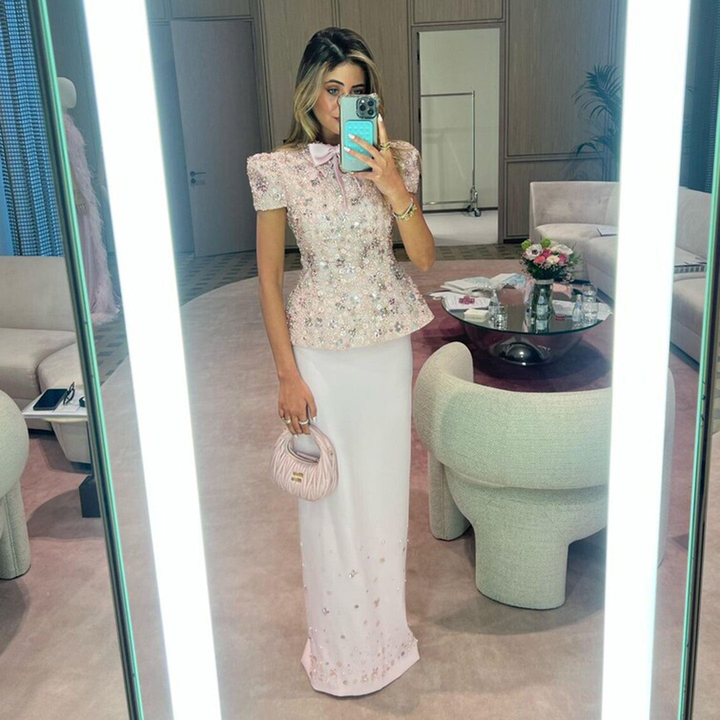 Elegant Pink Sparkling Sequin Beaded Two-Piece Evening Dress SS547